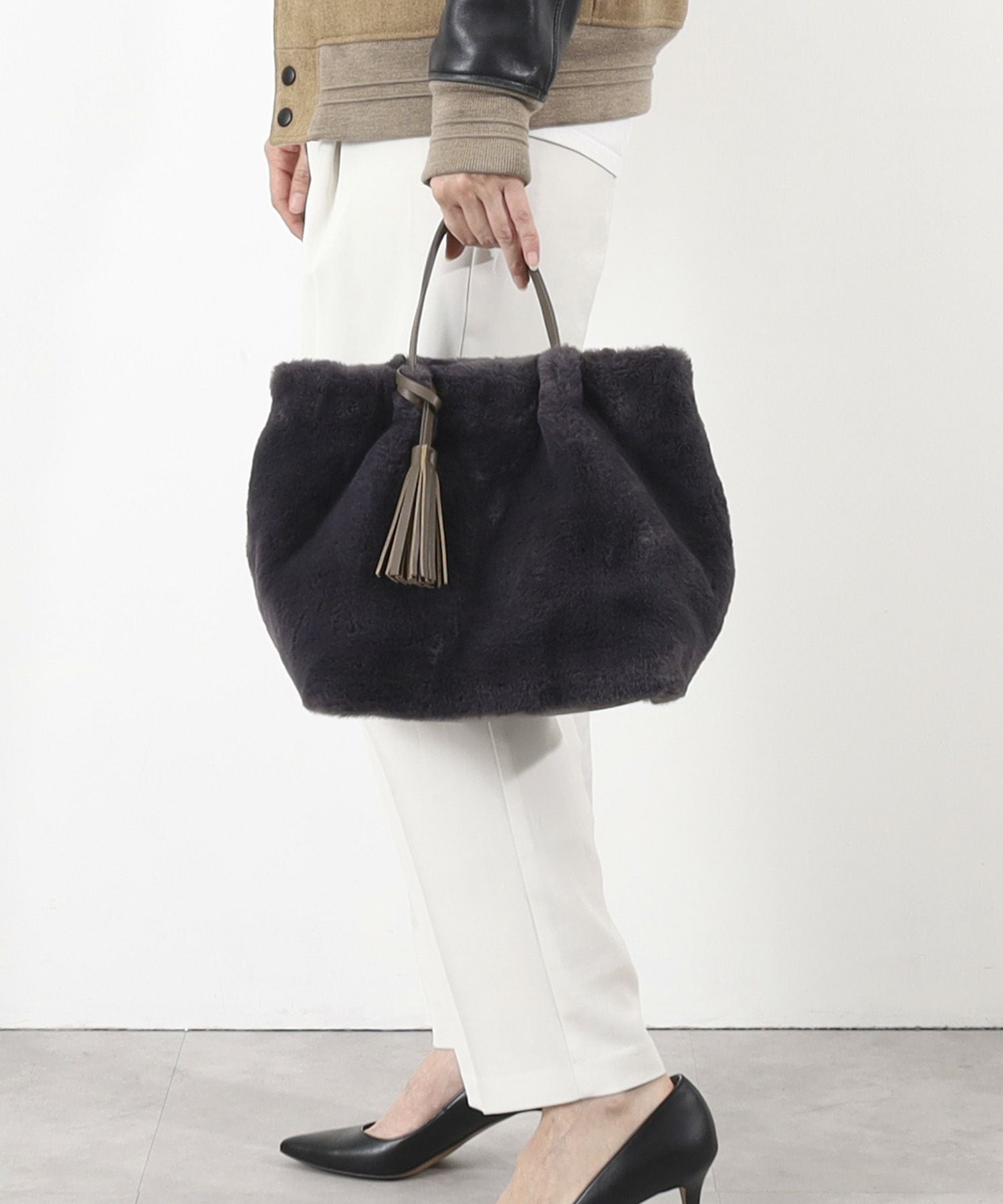 トートバッグ 【cooco】バンブーハンドル×エコファー2WAYトートバッグ 