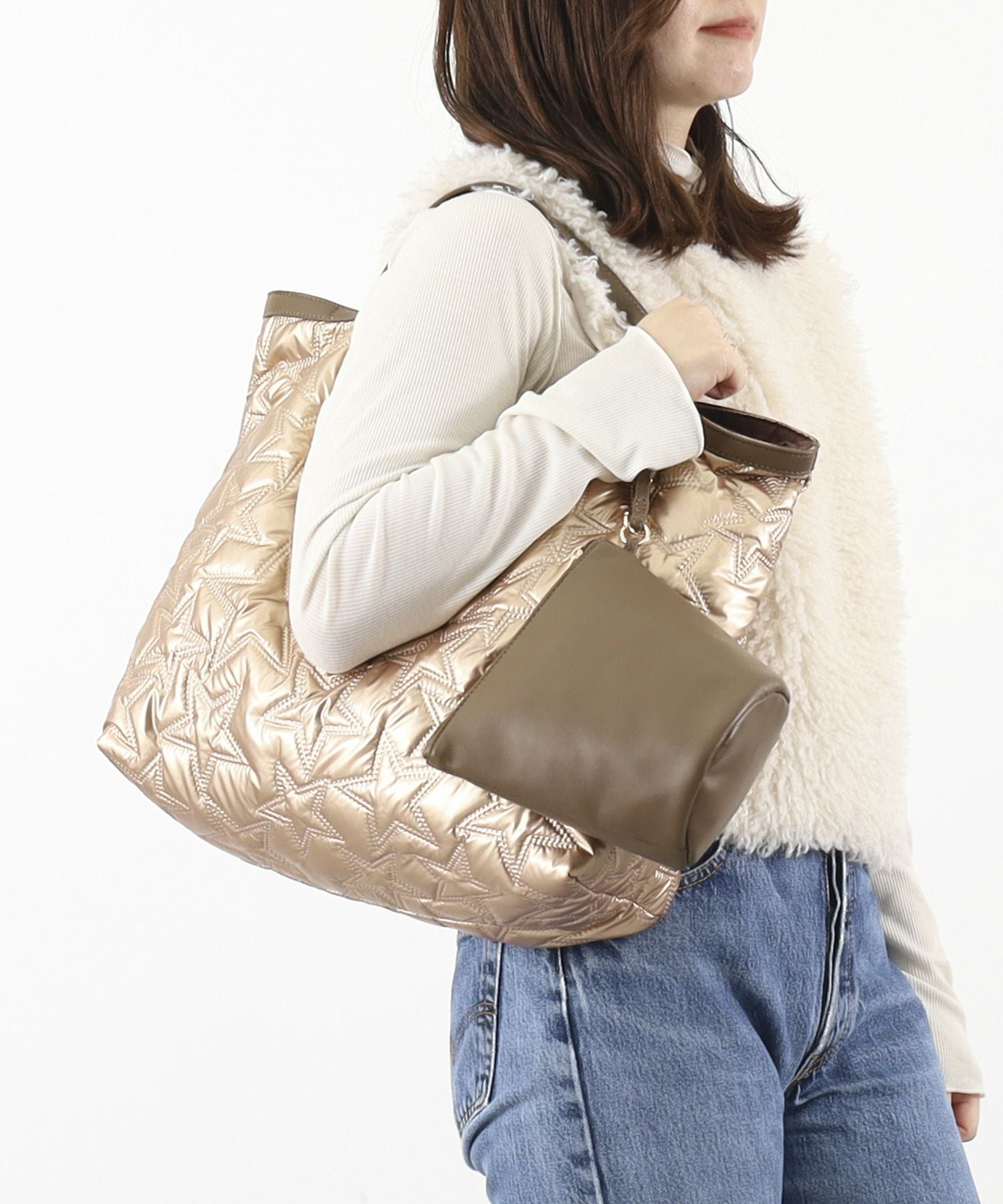 OUTLET SALE】クーコ COOCO ポーチ付星柄キルティングトートバッグ