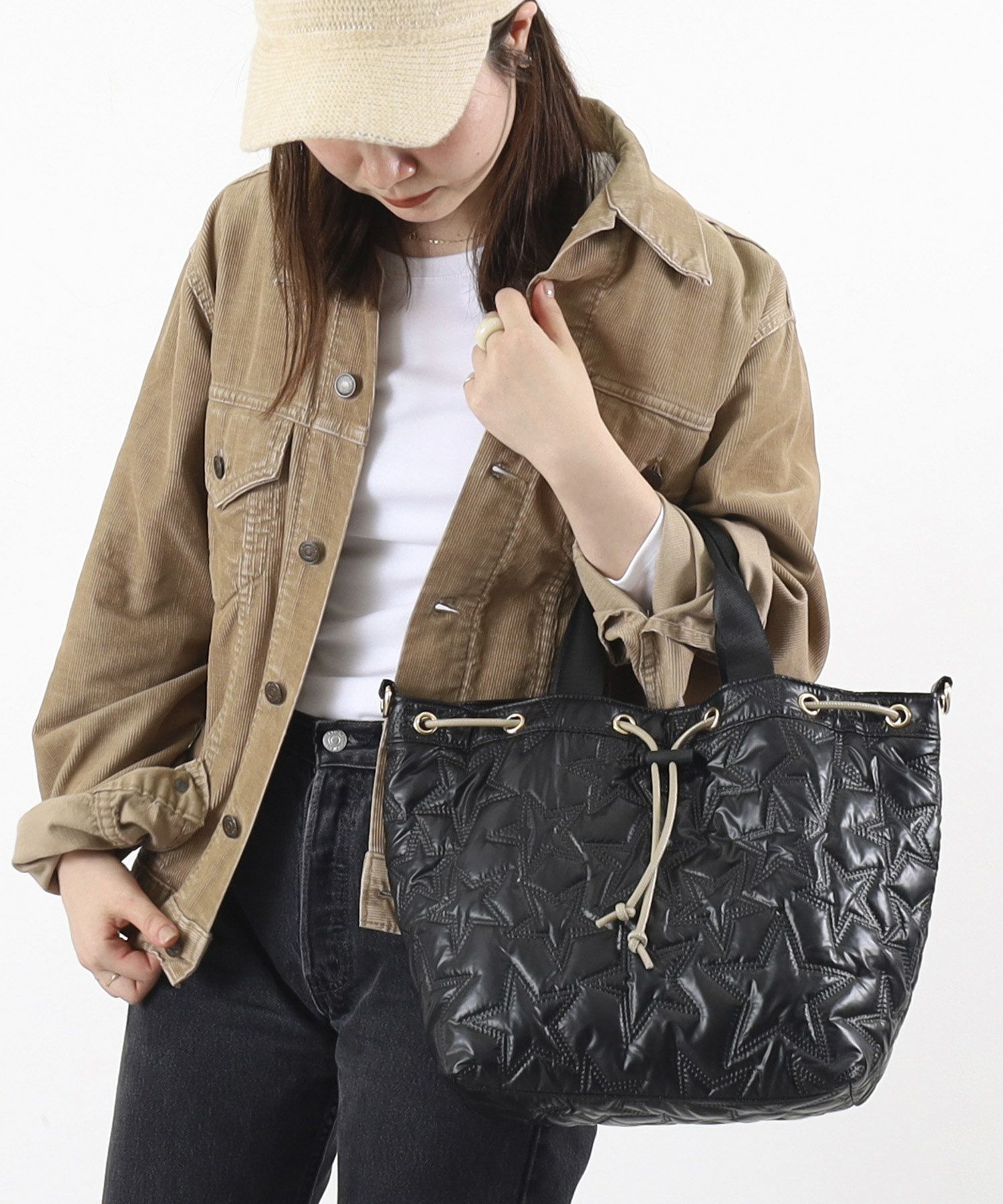 OUTLET SALE】クーコ COOCO 星柄キルティング2WAY巾着トートバッグ