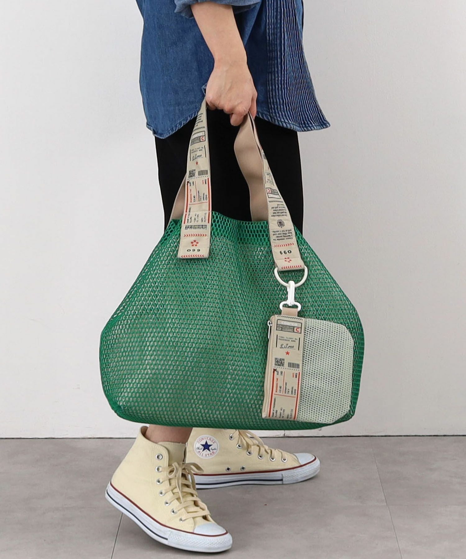 OUTLET SALE】クーコ COOCO ポーチ付オリジナル柄テープメッシュトート
