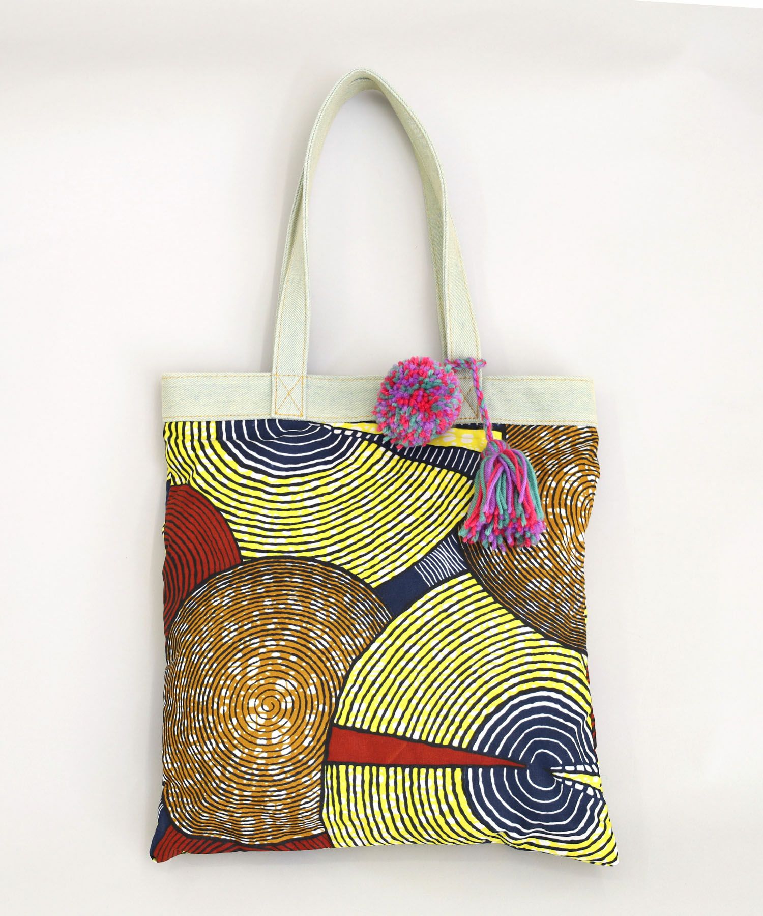 OUTLET SALE】クーコ COOCO アフリカン柄xデニム縦型トートバッグ