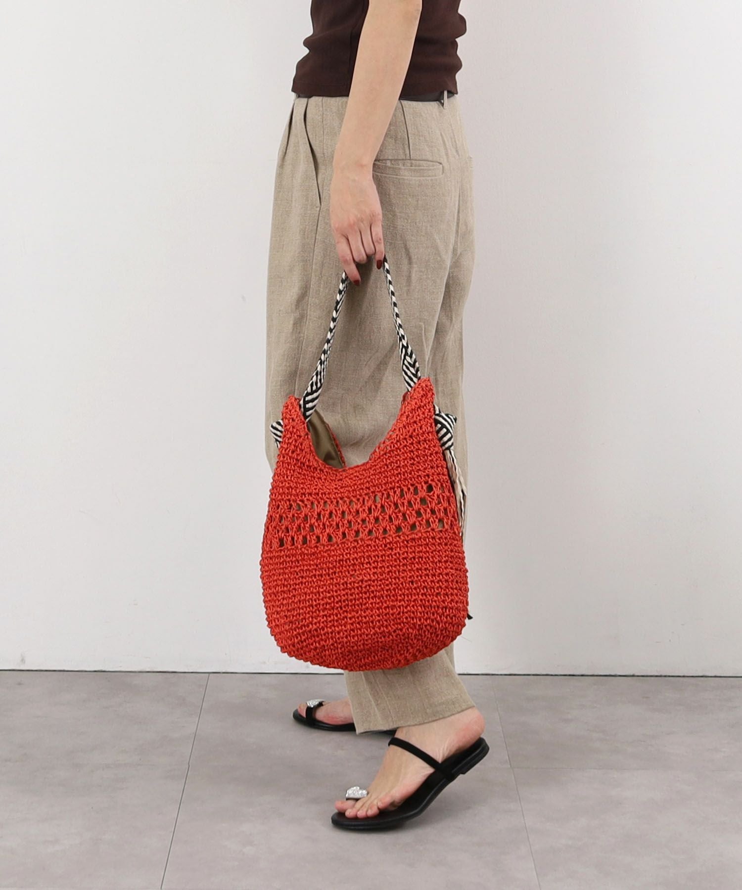 OUTLET SALE】クーコ COOCO ペーパーx柄テープフリンジワンショルダー