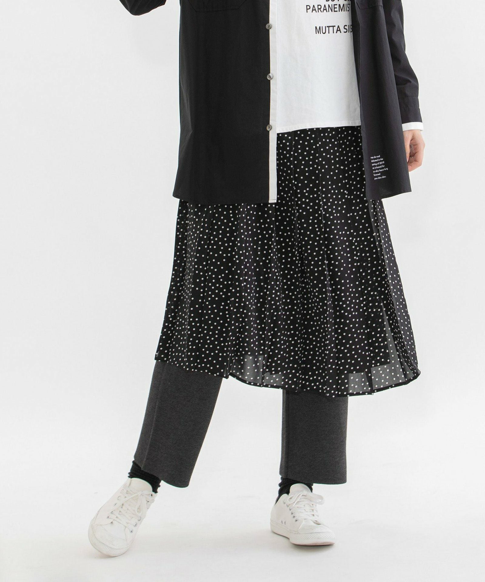 ノコオーノ　シフォンランダムドットプリントジレ　ブラック PRE SALE＞シフォンドットラッププリーツスカート | COO ONLINE
