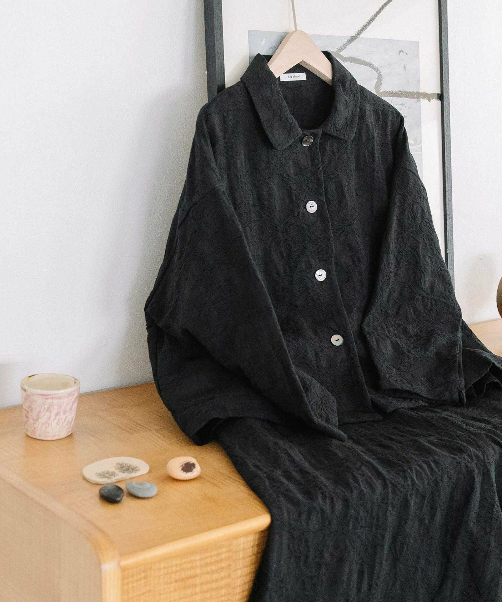 Gauze# リネンコットンジャケット　ジャガード織　総柄　黒　セレモニー Gauze# ガーゼ コットン 2way アンティーク サージカル ワンピース