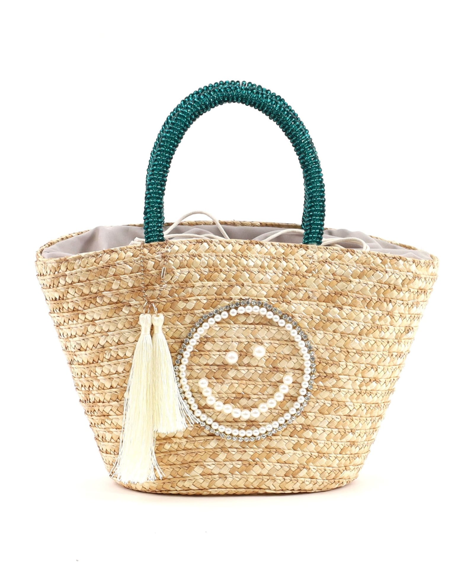 ☆SUMMER SALE☆SMILEY パール刺繍ビーズハンドルカゴバッグ