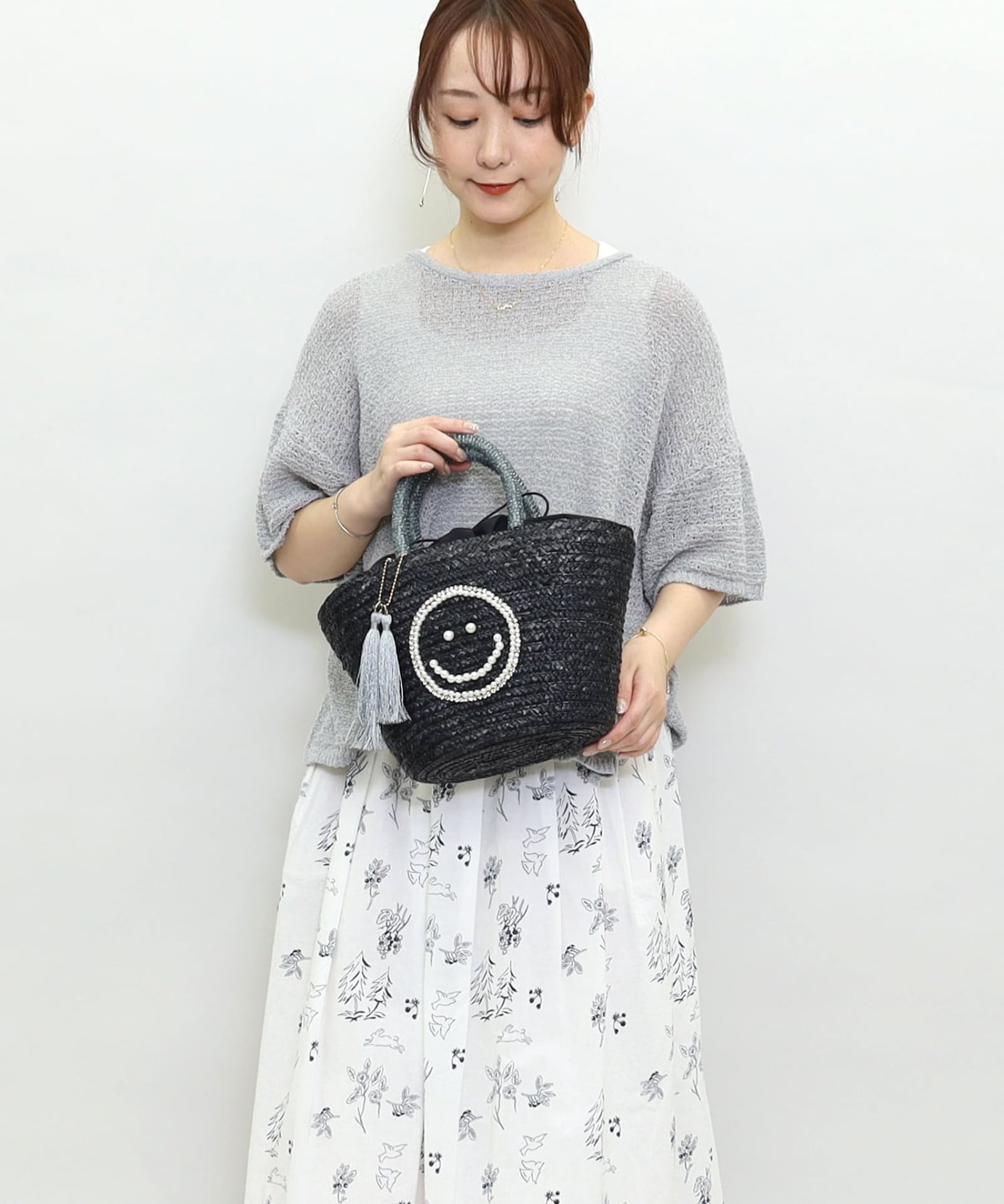 ☆SUMMER SALE☆SMILEY パール刺繍ビーズハンドルカゴバッグ