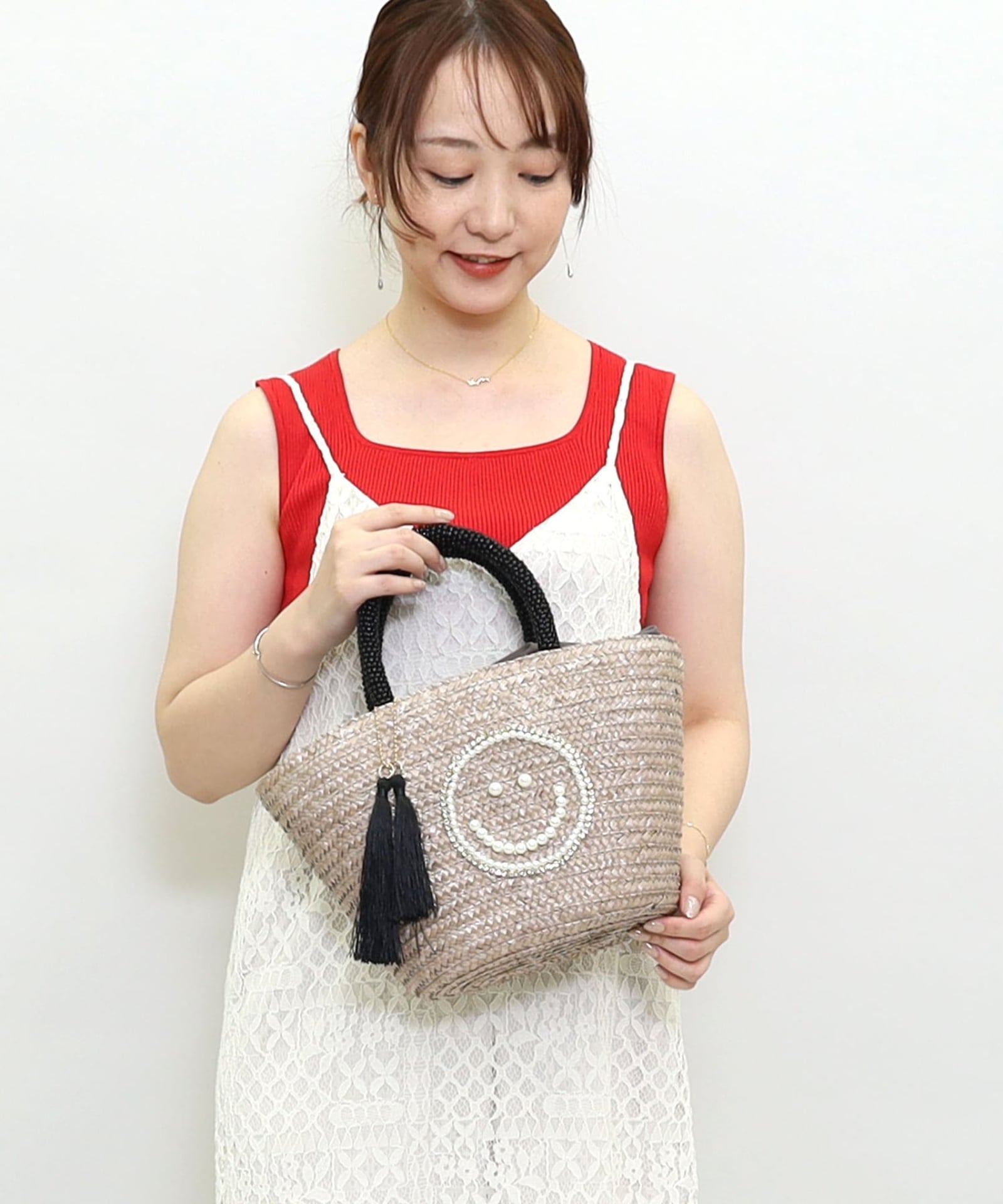 ☆SUMMER SALE☆SMILEY パール刺繍ビーズハンドルカゴバッグ