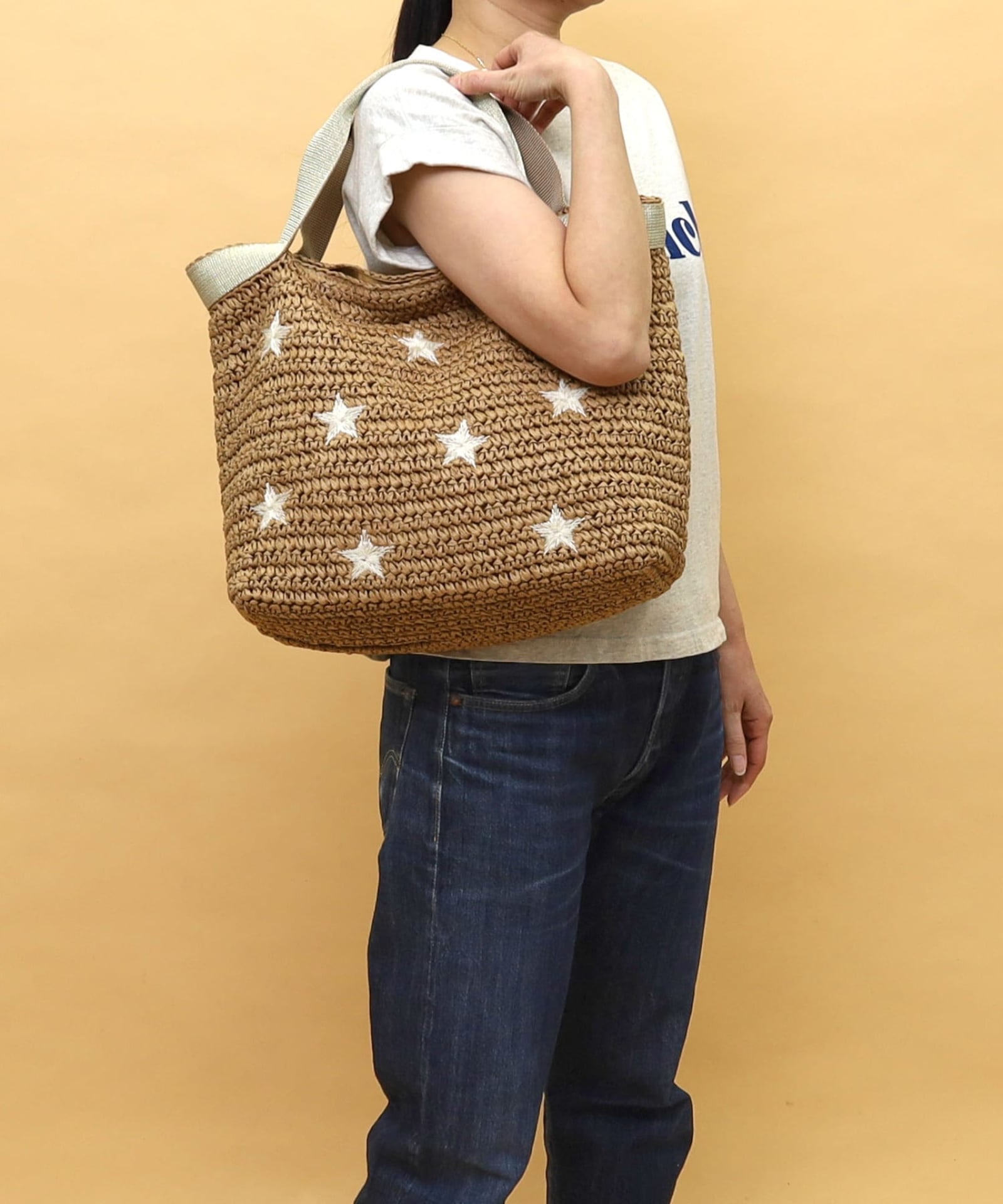 ☆SUMMER SALE☆ラメテープx星柄刺繍ペーパーカゴバッグ／A4対応