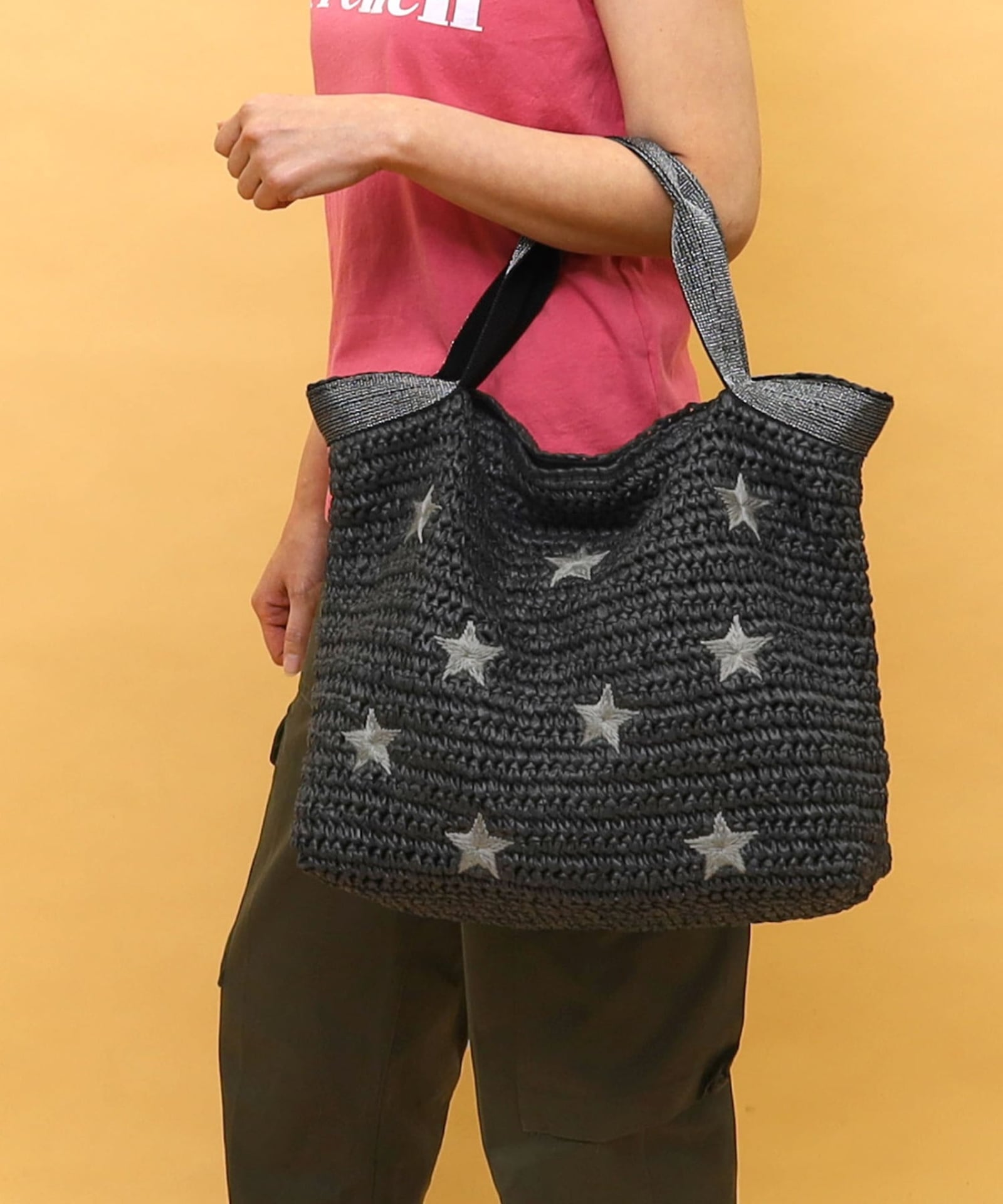 ☆SUMMER SALE☆ラメテープx星柄刺繍ペーパーカゴバッグ／A4対応