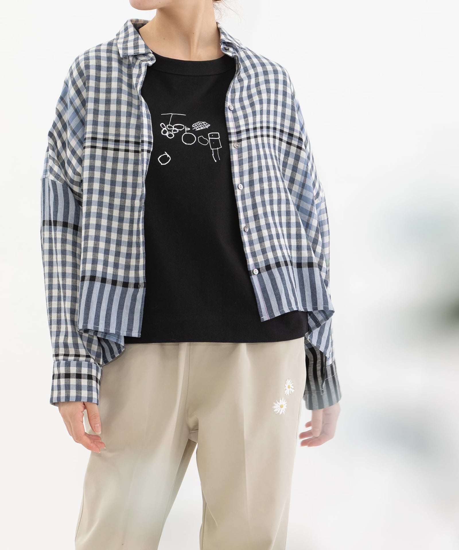 SUMMER SALE】コットンリネンキッチンクロス風パネルチェックシャツ