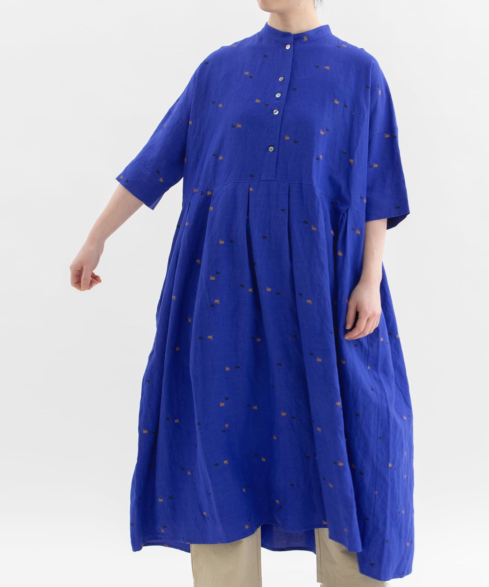 MORE PRICE DOWN】リネンレーヨンスワンプリント切り替えワンピース